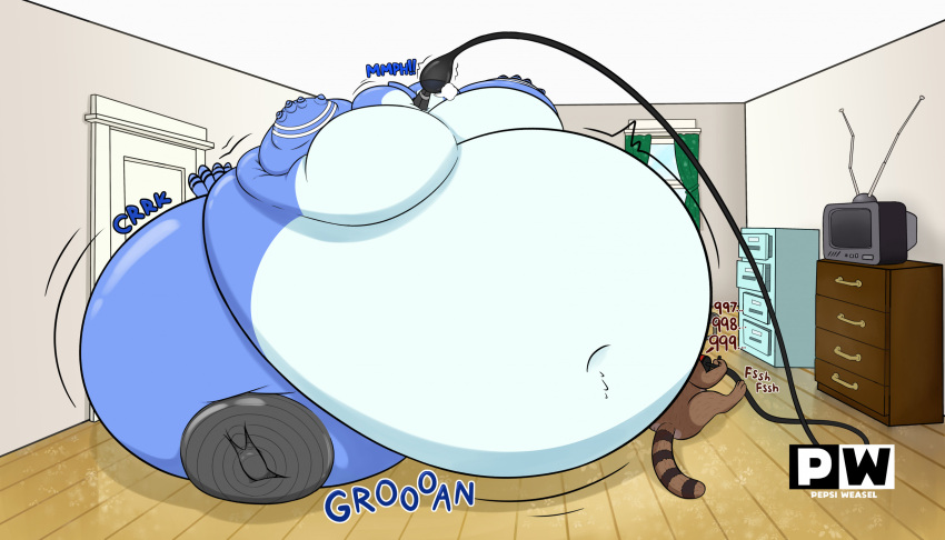 about_to_burst about_to_explode air_inflation blue_jay derpbran inflation mordecai_(regular_show) pump raccoon regular_show rigby_(regular_show)