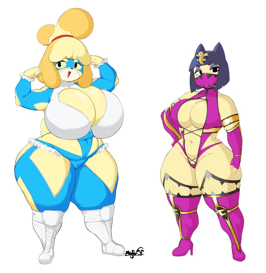 2girls animal_crossing ankha ankha_(animal_crossing) anthro big_breasts blue_clothing blue_hair boob_window boots breasts_bigger_than_head cat cat_ears cat_girl cat_humanoid catgirl child_bearing_hips cleavage cleavage_cutout cosplay datmofo4 dog_ears dog_girl doggirl egyptian egyptian_female high_heels huge_breasts isabelle_(animal_crossing) mortal_kombat multiple_girls nintendo purple_clothing rainbow_mika_(cosplay) street_fighter tagme thick_thighs wide_hips yellow_body yellow_fur