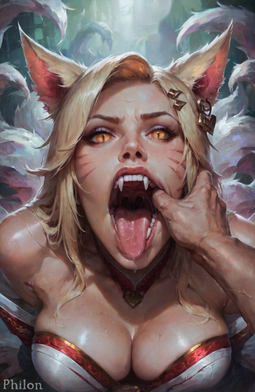 1boy 1girls ahri ai_generated animal_ears bare_shoulders blonde_hair breasts cleavage detached_sleeves facial_mark fangs finger_in_another's_mouth fox_ears fox_girl fox_tail hair_ornament hairclip jewelry kitsune kyuubi large_breasts league_of_legends lips long_hair looking_at_viewer mouth_pull multiple_tails open_mouth oral_invitation orange_eyes philon pov pov_hands realistic saliva slit_pupils solo_focus stable_diffusion straight sweat tail tails teeth tongue tongue_out upper_body uvula whisker_markings yellow_eyes