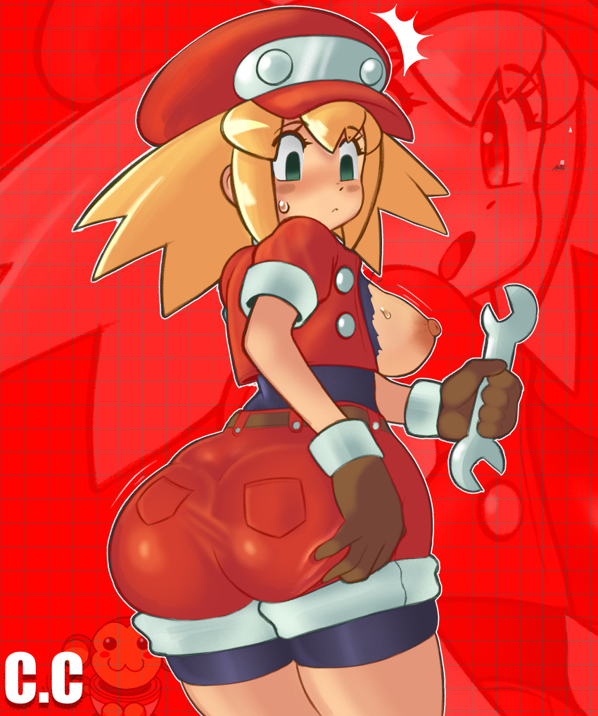 1girls ass_grab bare_breasts big_ass big_breasts blonde_hair champchidi dumptruck_ass fat_ass female female_only grabbing_own_ass hat humanoid looking_down mega_man mega_man_legends nipples robot_girl robot_humanoid roll_caskett shocked shocked_expression shorts solo_focus sweat sweatdrop thick_thighs