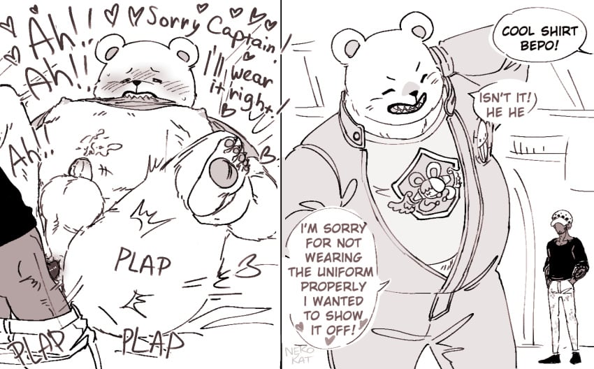 2024 anthro balls bear belly bepo closed_eyes clothing dialogue duo english_text genitals hat headgear headwear human human_on_anthro interspecies male male/male male_only mammal minkmen_(one_piece) moobs nekokat42 nipples one_piece penis penis_size_difference polar_bear sex shirt small_penis text topwear trafalgar_law ursine