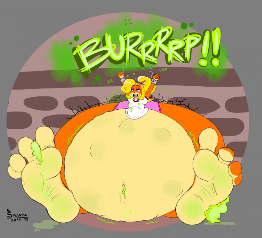 bad_anatomy bandicoot belch belching belly_bump belly_button burp burping chained_to_wall chained_wrists coco_bandicoot crash_(series) female foot_fetish furry heavy_bottom hiccuping huge_feet hyper_belly pear_shaped slime slime_monster slug smappa soles source_deleted stuffed_belly toes