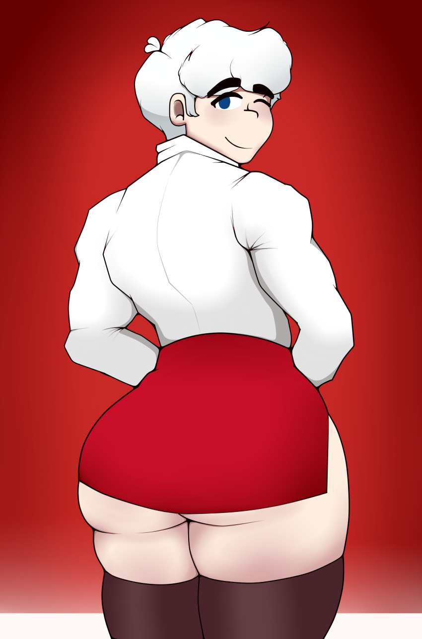 1boy big_ass big_butt blue_eyes clothed cookie_run gay light-skinned_male long_socks looking_back male milk_cookie miniskirt red_background simple_background smiling_at_viewer white_hair wink