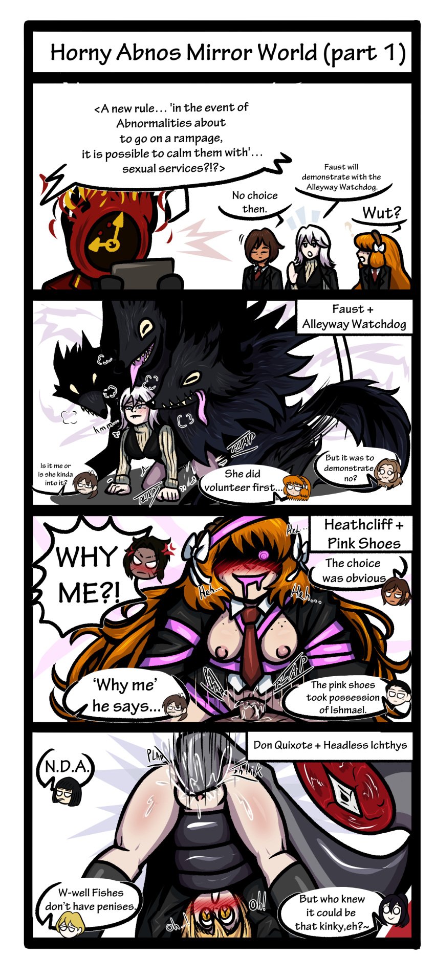 4koma 6boys 6girls anal anal_sex bakaiju black_hair brown_hair dante_(limbus_company) dialogue don_quixote_(limbus_company) faust_(limbus_company) feral feral_on_top gregor_(limbus_company) heathcliff_(limbus_company) hong_lu hong_lu_(limbus_company) human_on_feral ishmael_(limbus_company) limbus_company meursault_(limbus_company) orange_hair outis_(limbus_company) project_moon rodion_(limbus_company) ryoshu_(limbus_company) sinclair_(limbus_company) sound_effects tentacle vaginal vaginal_penetration vaginal_sex white_hair wolf zoophilia