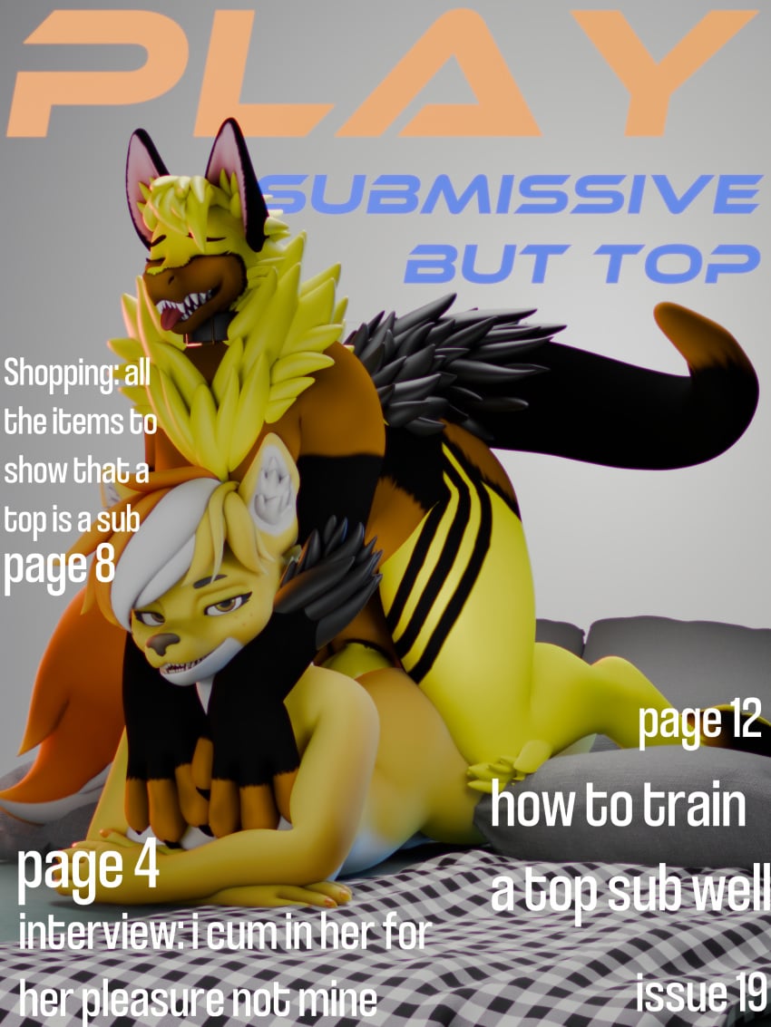 3d_(artwork) absurd_res anal anal_sex anthro bed blender_cycles collar digital_media_(artwork) fictional_magazine_cover furniture futanari haolde haolde_(character) hi_res intersex intersex/male looking_at_viewer male penetration service_top smile submissive submissive_male