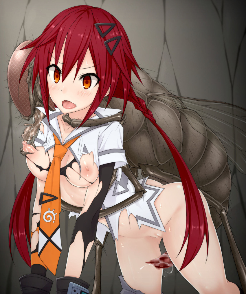 1girls blush bodily_fluids breast_grab breasts censored fly hairclip imminent_sex insectophilia insects interspecies light-skinned_female mingaru necktie neptunia_(series) nipples open_mouth orange_eyes penis red_hair torn_clothes twintails uzume_tennouboshi yeves