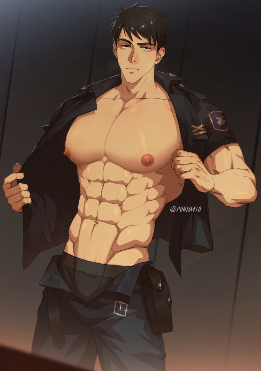 1boy 2023 bara barazoku bulge clothing free! hi_res highres looking_at_viewer male male_nipples male_only muscular muscular_male nipples pecs punim410 solo sousuke_yamazaki underwear undressing unzipped yamazaki_sosuke