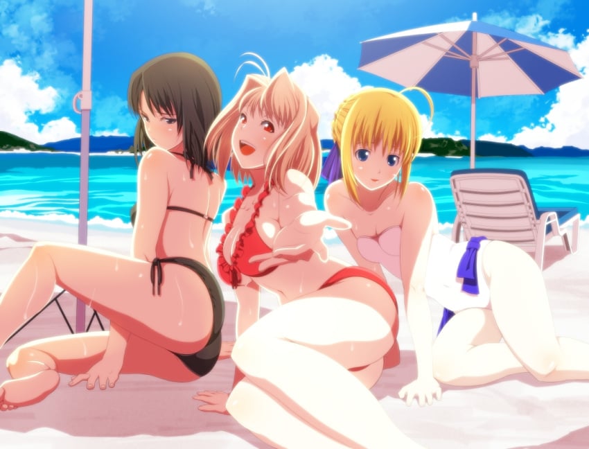 3girls :d ahoge arcueid_brunestud arm_support artoria_pendragon artoria_pendragon_(fate) ass bad_feet bare_legs barefoot beach beach_umbrella beckoning bikini blonde_hair bloom breasts cloud commentary_request company_connection crossover day fate/stay_night fate_(series) frilled_bikini frills front-tie_top hair_ribbon kara_no_kyoukai large_breasts looking_back multiple_girls navel one-piece_swimsuit open_mouth outdoors outstretched_hand parasol ribbon ryougi_shiki saber_(fate) shiny_skin side-tie_bikini_bottom sideboob sitting sky smile soles swimsuit tsukihime tsukumo_(soar99) type-moon umbrella underboob wet yokozuwari