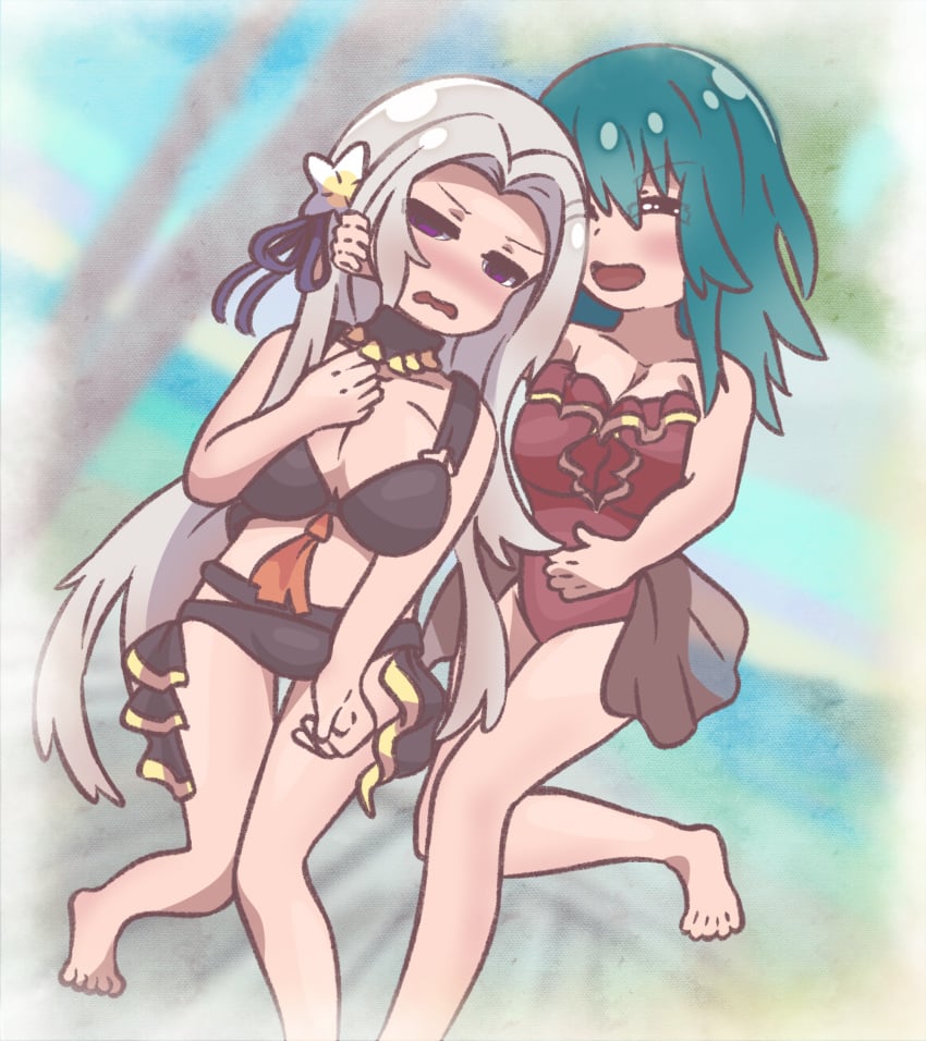 2girls aikasa alternate_costume angry annoyed bare_arms bare_legs barefoot bikini black_bikini black_eyes black_swimsuit breasts byleth_(female)_(fire_emblem)_(cosplay) byleth_(fire_emblem) byleth_(fire_emblem)_(female) cleavage cosplay costume_switch edelgard_von_hresvelg edelgard_von_hresvelg_(cosplay) edelgard_von_hresvelg_(summer) embarrassed female female_only fire_emblem fire_emblem:_three_houses fire_emblem_heroes flower hair_flower half-closed_eyes hand_on_another's_face hand_on_own_chest happy large_breasts leg_up legs long_hair medium_hair multiple_girls nintendo ocean one-piece_swimsuit open_mouth outdoors palm_tree purple_eyes red_one-piece_swimsuit red_swimsuit smile swimsuit teal_hair tree very_long_hair