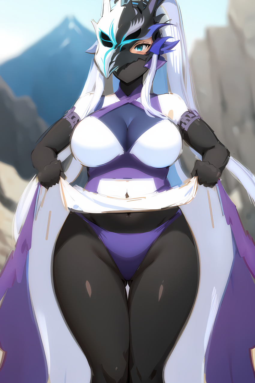 1girls ai_generated belly belly_button black_bodysuit blue_eyes blush bodysuit breasts cleavage clothing female female_focus female_only full_body fully_clothed helmet helmet_over_eyes huge_breasts large_breasts lifting lifting_clothing lifting_skirt light_skin long_hair looking_at_viewer masked masked_female mouth_mask panties purple_panties purple_underwear showing_off showing_panties skin_tight skin_tight_suit standing swordsoul_of_mo_ye thick thick_thighs thighs underwear very_long_hair very_thick_thighs very_tight_cloth white_hair yu-gi-oh!