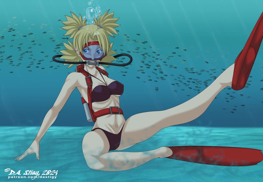 1girls 5_toes bikini blonde_hair blue_eyes dastigy female female_only female_solo fins flippers naruto naruto_(series) red_fins scuba scuba_fins scuba_gear scuba_mask scuba_tank solo solo_female solo_only temari underwater