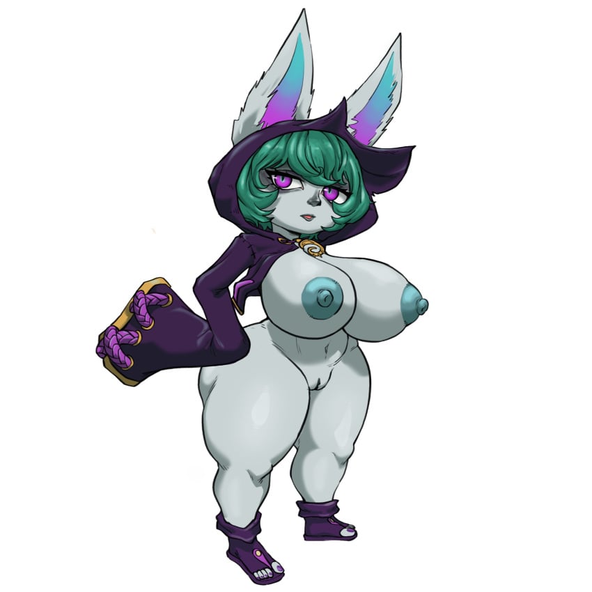 2024 areola ass big_breasts big_butt blue_areola blue_nipples bottomless breasts clothed clothing digital_media_(artwork) female fluffy_ears footwear genitals green_hair hair hi_res hoodie hoodie_only humanoid league_of_legends long_sleeves megahand6 nipples pale_skin purple_clothing purple_eyes pussy riot_games sandals simple_background size_difference smaller_female solo topwear topwear_only vex_(league_of_legends) white_background yordle