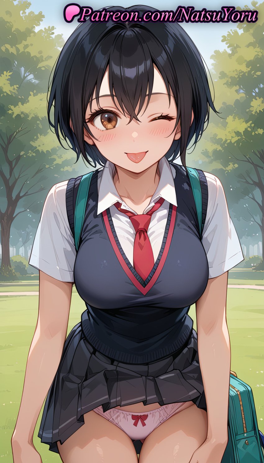 1girls :p ;p accidental_exposure ai_generated anime anime_style asian ass_visible_through_thighs bag bangs black_hair black_skirt black_sweater_vest black_vest blouse blue_sweater_vest blush bookbag bow bow_panties breasts brown_eyes bust busty clothes_lift clothing collarbone collared_shirt cowboy_shot day female female_focus female_only hair_between_eyes hentai large_breasts lips looking_at_viewer marvel marvel_comics marvel_rivals miniskirt natsuyoru necktie one_eye_closed outdoors panties pantsu park peni_parker peni_parker_(marvel_rivals) pink_panties pleated_skirt red_necktie school_bag school_uniform shirt short_hair short_sleeves skirt skirt_lift sleeveless_sweater smile solo solo_female sweater_vest thigh_gap tie tongue tongue_out tree underwear vest voluptuous voluptuous_female white_panties white_shirt