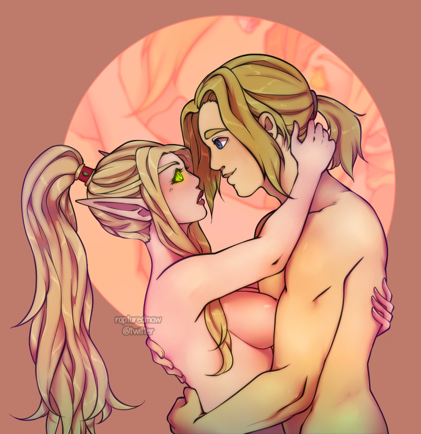 1boy 1girls anduin_wrynn blizzard_entertainment blonde_hair blood_elf human human_(world_of_warcraft) interspecies light-skinned_female light-skinned_male light_skin rapturedmaw romantic romantic_couple valeera_sanguinar warcraft world_of_warcraft