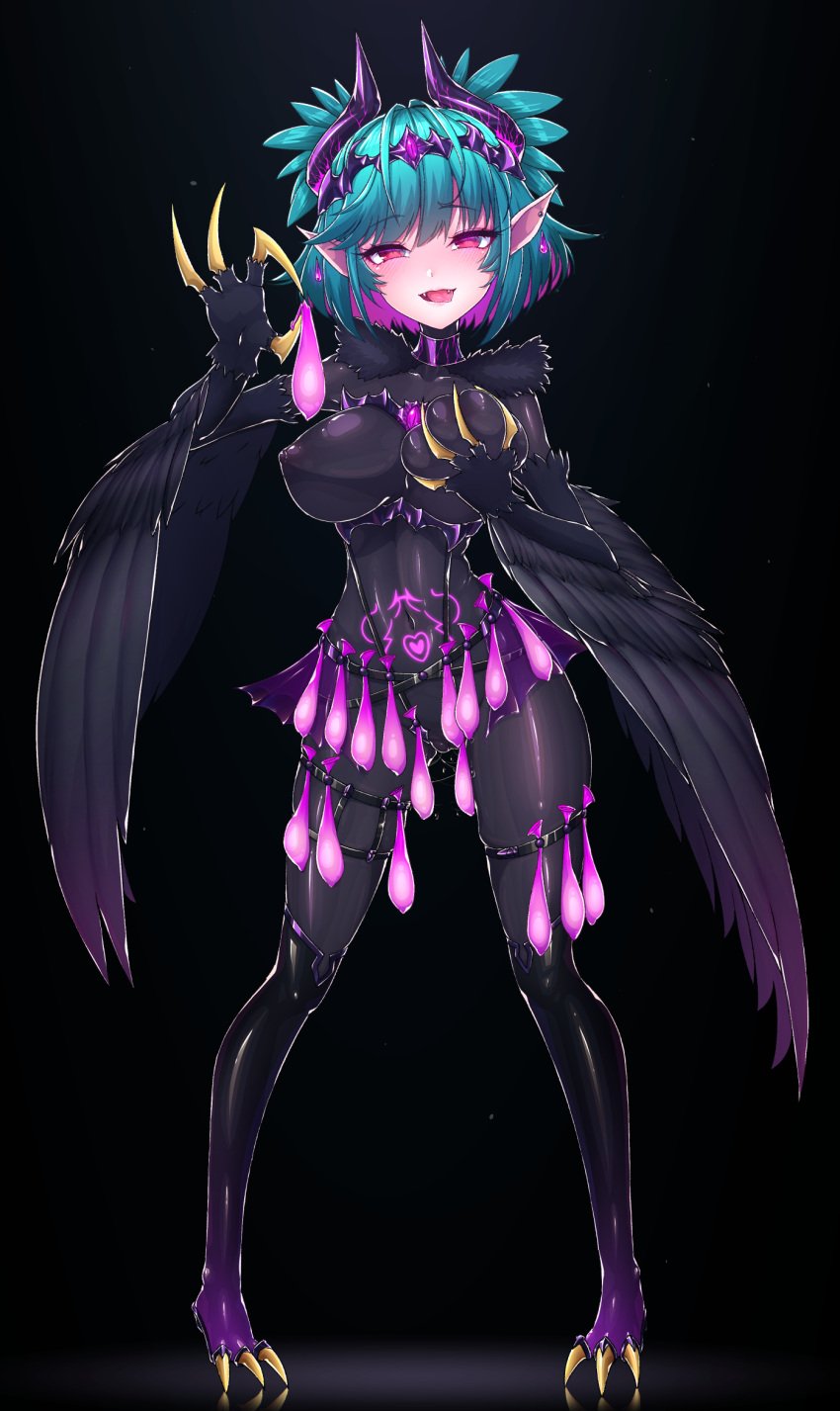 alternate_breast_size bird_legs black_bodysuit black_feathers black_wings blue_hair blush bodysuit breasts claws colored_inner_hair commission condom condom_belt covered_nipples drop_earrings earrings fangs feathers female glowing_tattoo harpy heart heart_tattoo highres holding holding_condom indie_virtual_youtuber jewelry kemurin lincoro looking_at_viewer monster_girl multicolored_hair open_mouth pink_hair pointy_ears pussy_juice red_eyes short_hair short_twintails skeb_commission solo stomach_tattoo talons tattoo tiara twintails used_condom virtual_youtuber winged_arms wings