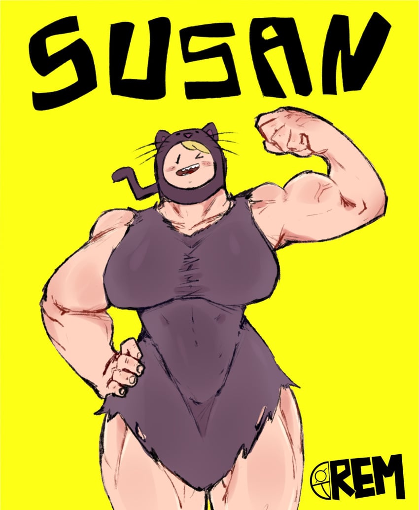 1girls adventure_time big_breasts big_woman cartoon_network female female_only flexing_bicep human logo muscular_female purple_clothing remiman smile strong_legs strong_woman susan_strong tall_female text yellow_background