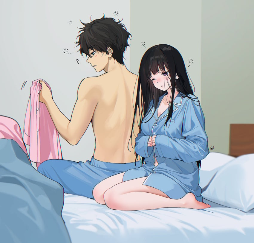 1boy ;o back bare_back bare_legs bed_sheet black_hair blanket blue_pajamas blue_pants blue_shirt blush borrowed_clothes breasts buttoning chitanda_eru female headboard hickey hickey_marks hickeys_on_neck highres holding holding_clothes holding_shirt hyouka indoors kneeling large_breasts long_hair looking_ahead looking_at_object loose_hair_strand mery_(apfl0515) mery_(yangmalgage) messy_hair no_pants on_bed one_eye_closed oreki_houtarou own_hands_together pajamas pants pillow pink_pajamas pink_pants pink_shirt purple_eyes shirt sitting sleepy sleeves_past_wrists squeans straight_hair topless_male unworn_pants unworn_shirt very_long_hair waking_up wariza