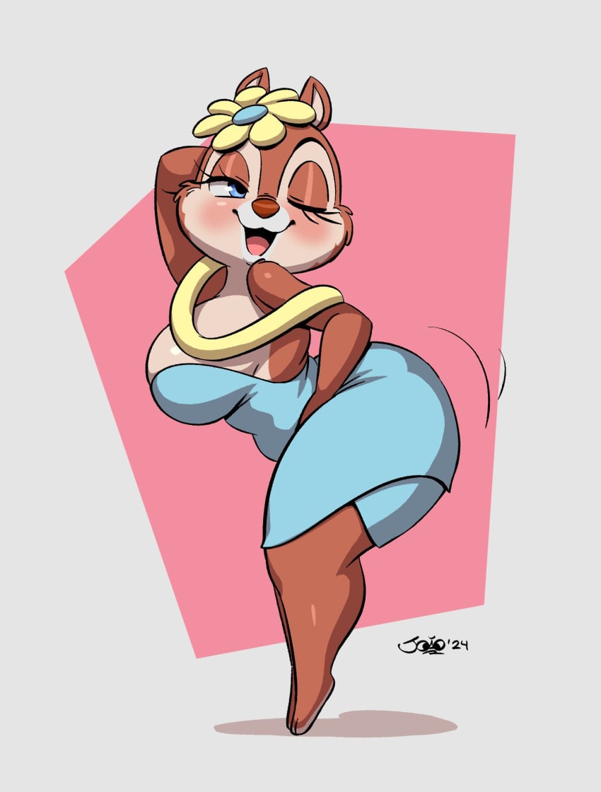 :3d big_ass big_breasts blue_dress chip_n_dale_park_life clarice_(chip_n_dale) curvy_figure disney female_only flower hat joaoppereiraus makeup necklace simple_background squirrel_girl