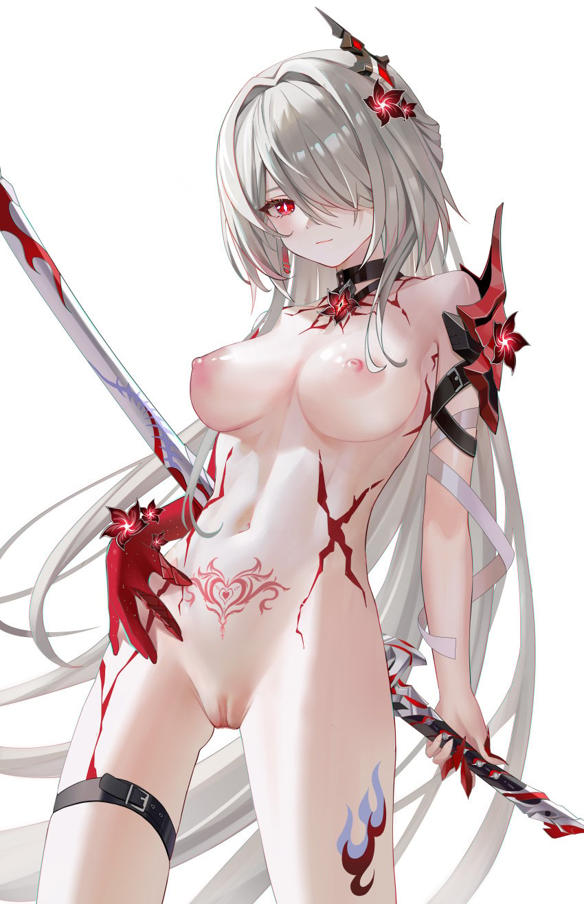 1girls absurdres acheron_(honkai:_star_rail) bare_shoulders black_choker blhazx breasts censored choker cleavage completely_nude cowboy_shot female female_only flower gloves grey_hair hair_flower hair_intakes hair_ornament hair_over_one_eye halterneck highres holding holding_sword holding_weapon honkai:_star_rail honkai_(series) large_breasts leg_tattoo long_hair looking_at_viewer midriff navel nipples nude nude_female official_alternate_color pubic_tattoo pussy red_eyes red_flower scabbard sheath sheathed simple_background solo standing stomach sword tattoo thigh_strap thighs very_long_hair weapon white_background