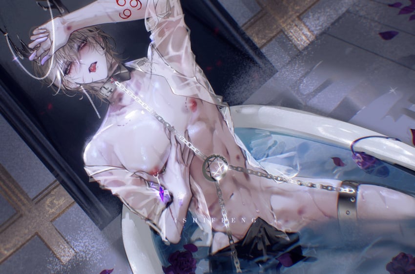 1boy abs arm_tattoo bare_pectorals bathroom bathtub bottomless chain_leash chains collar demon_boy demon_horns hexagram highres horns leash leviathan_(what_in_hell_is_bad) male_focus nipple_piercing nipples pectorals piercing pink_eyes see-through see-through_shirt shirt short_hair solo_male star_of_david strangle_mark tattoo toned toned_male wet wet_clothes wet_shirt what_in_hell_is_bad white_hair