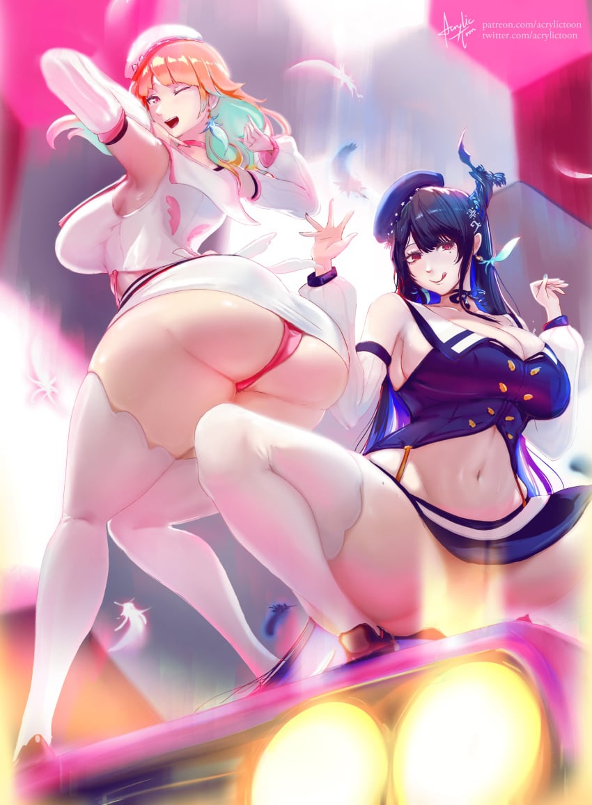 2girls acrylictoon alternate_version_at_source ass beauty_mark big_ass black_hair blue_hair breasts colored_inner_hair female female_only hololive hololive_english hololive_english_-advent- hololive_myth horn large_breasts light-skinned_female light_skin mole mole_under_eye multicolored_hair nerissa_ravencroft one_eye_closed orange_hair takanashi_kiara virtual_youtuber