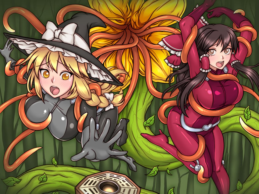 bodysuit female hakurei_reimu injuotoko kirisame_marisa marisa_kirisame plant reimu_hakurei shiny_clothes tentacle tight_clothing totally_spies totally_touhou touhou