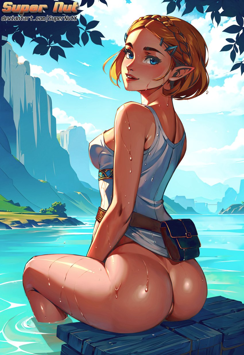 ai_generated ass blonde_hair blue_eyes bottomless braided_hair hairclip lake mountain princess princess_zelda short_hair sleveeless_shirt supernutx tears_of_the_kingdom the_legend_of_zelda water wet_skin zelda_(tears_of_the_kingdom)