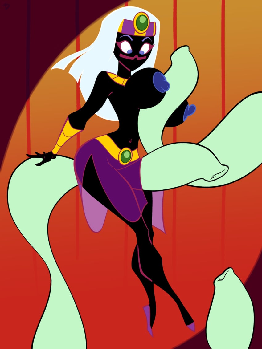 armbands big_breasts black_body blue_nipples crown duck_dodgers jewelry looney_tunes martian martian_(duck_dodgers) mouthless_female necklace purple_eyebrows purple_eyes purple_skirt queen_tyr'ahnee roger_bacon tentacle topless_female warner_brothers white_hair