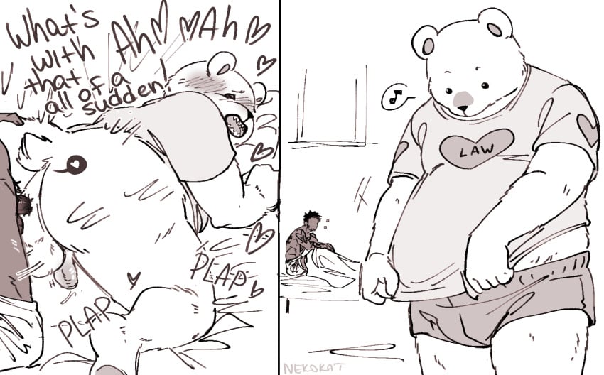 2024 anal anthro ass bear bepo blush clothing duo english_text human human_on_anthro interspecies male male/male male_only mammal minkmen_(one_piece) nekokat42 one_piece polar_bear sex shirt text topwear trafalgar_law underwear ursine