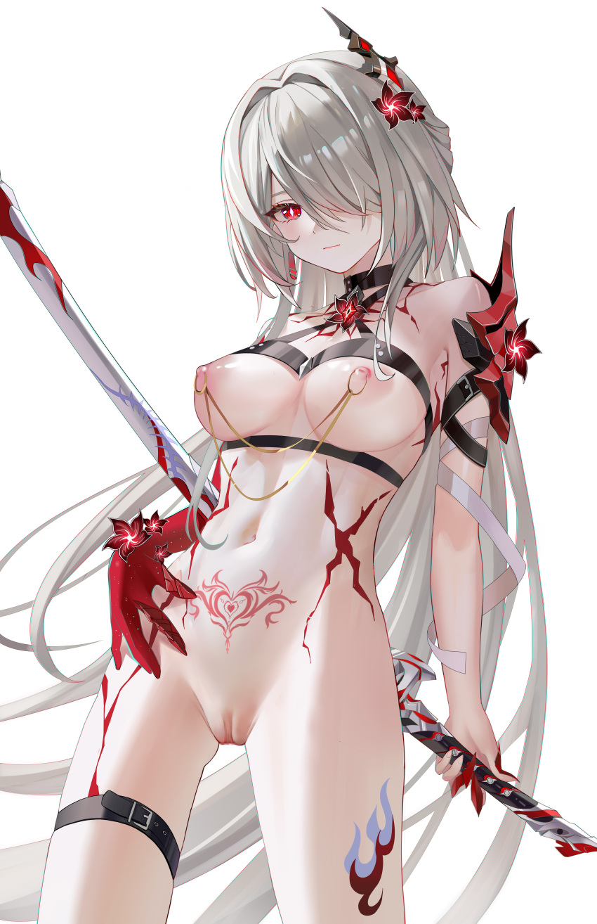 1girls absurdres acheron_(honkai:_star_rail) bare_shoulders black_choker blhazx breasts censored chest_belt choker cleavage cowboy_shot female female_only flower gloves grey_hair hair_flower hair_intakes hair_ornament hair_over_one_eye halterneck highres holding holding_sword holding_weapon honkai:_star_rail honkai_(series) large_breasts leg_tattoo linked_nipples long_hair looking_at_viewer midriff navel nipple_piercing nipple_rings nipples nude nude_female official_alternate_color piercing pubic_tattoo pussy red_eyes red_flower scabbard sheath sheathed simple_background solo standing stomach sword tattoo thigh_strap thighs very_long_hair weapon white_background