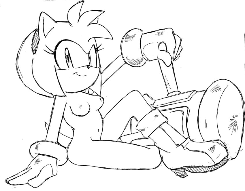 amy_rose breasts casual exposed_torso female footwear furry hammer handwear handwear_and_footwear_only randomguy999 sega sketch sonic_(series) weapon