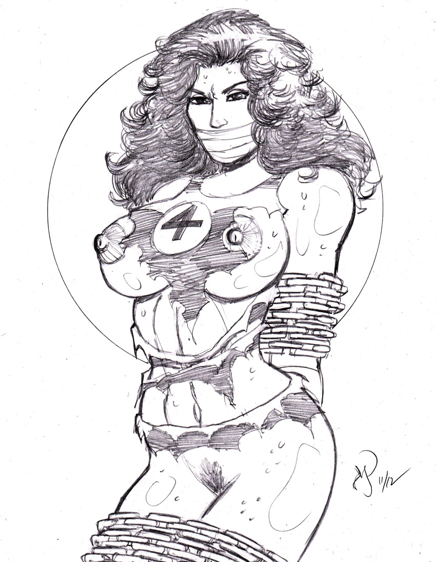 1girls artist_signature big_breasts bondage breasts chains drawn fantastic_four female female_only gagged hulk_(series) marvel marvel_comics michael_powell monochrome nipples pubic_hair she-hulk solo superheroine tagme tied_up torn_clothes