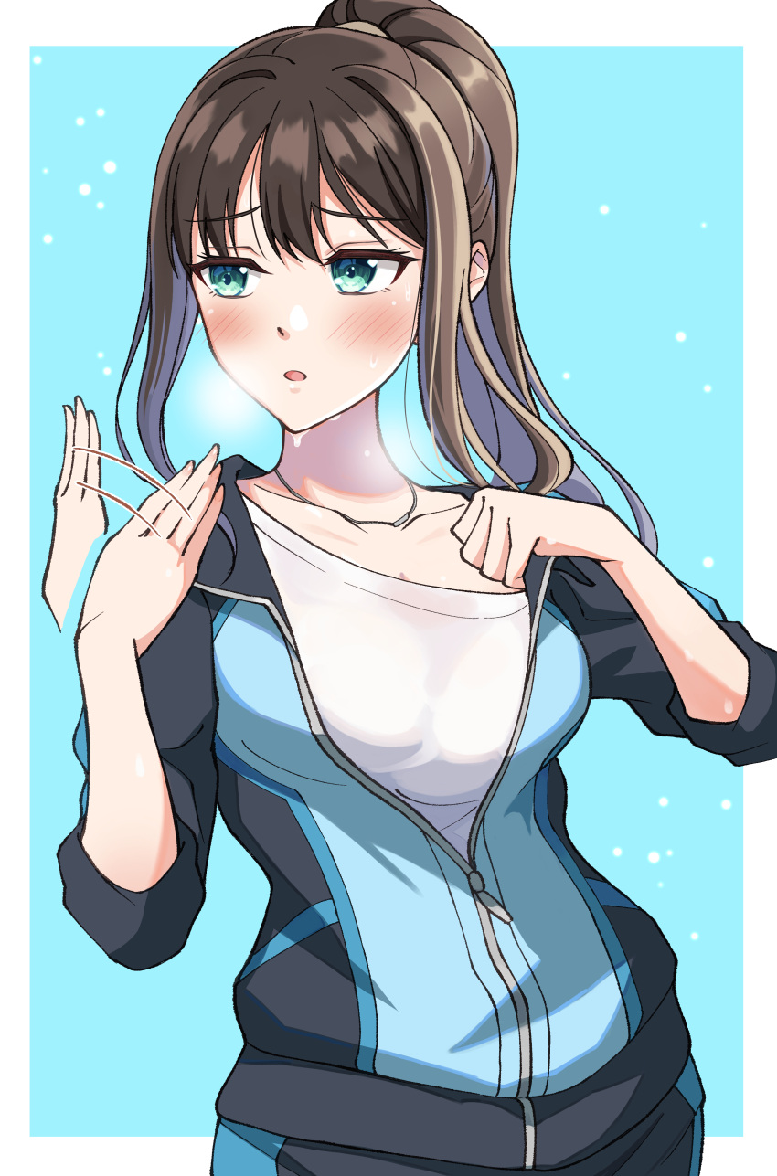 1girls airing_out blue_background blue_eyes blush breasts brown_hair collar_tug exercise fanning_self idolmaster idolmaster_cinderella_girls jacket jewelry long_hair long_sleeves necklace open_clothes open_jacket pants partially_unzipped ponytail shibuya_rin sportswear sweat sweat_stain sweatdrop sweating sweaty_clothes tazu track_jacket white_border yoshimura5065