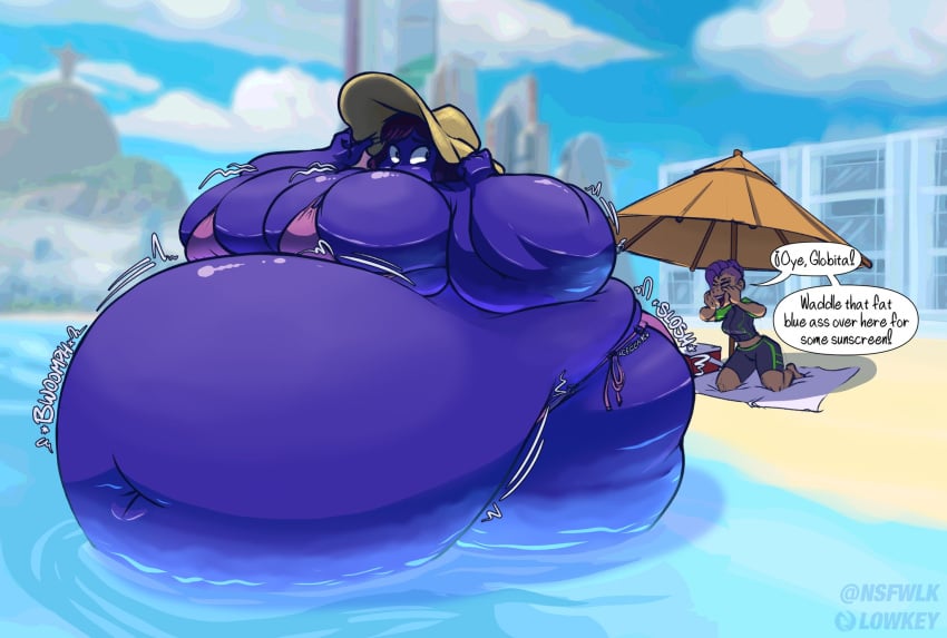 2girls beach big_breasts bikini blue_skin blueberry_inflation breasts huge_breasts inflation multiple_girls nsfwlk thick_thighs wide_hips