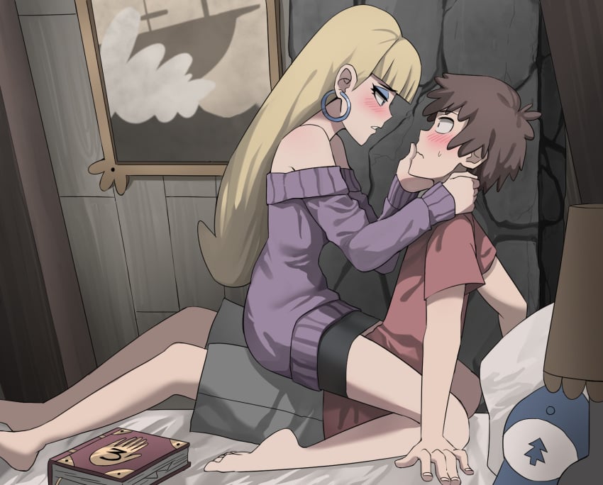 1boy 1female 1girls aged_up assertive_female bare_legs bare_shoulders barefoot baseball_cap bed bedroom bedroom_eyes black_skirt blonde_female blonde_hair blonde_hair_female blue_earrings blue_eyeshadow blunt_bangs blush book bouffant breasts brown_hair constricted_pupils cute dark_brown_hair diary dipper_pines disney disney_channel disney_xd earrings eye_contact eyeshadow female finger_on_lip fully_clothed girl girl_on_top gravity_falls grey_shorts half-closed_eyes headwear_removed hoop_earrings hugging imminent_kiss imminent_sex indoors intimate jourd4n just_fuck_already lamp long_hair long_hair_female make_up makeup male male/female miniskirt nervous nervous_male off-shoulder_sweater on_bed pacifica_northwest painting_(object) parted_lips pencil_skirt picture pillow running_bond seducing seduction seductive seductive_look short_hair shorts sitting_on_lap skinny skinny_female skinny_girl skinny_waist skirt small_breasts stone_wall straddling straight straight_hair sweatdrop sweater t-shirt teasing trucker_hat wooden_wall