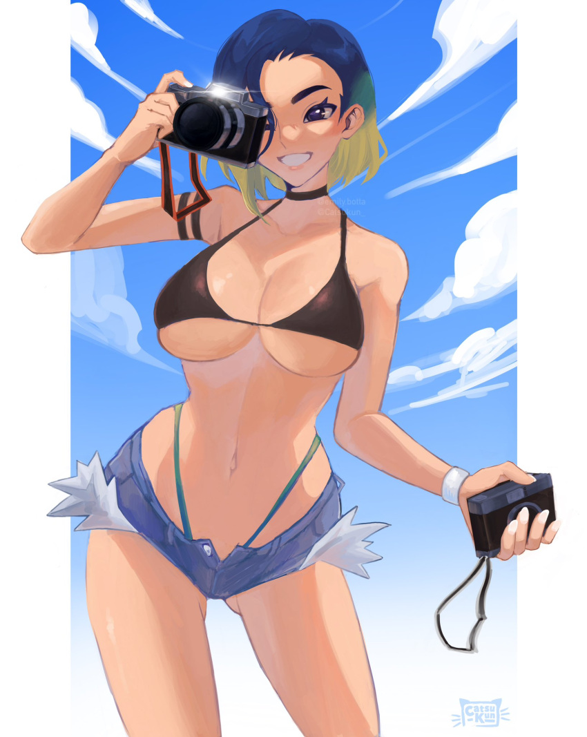 1girls ass_visible_through_thighs bikini black_choker blue_hair blue_sky breasts camera catsukun choker denim denim_shorts exposed_pocket gluteal_fold green_hair holding_object human_only looking_at_viewer nail_polish navel nintendo perrin_(pokemon) pokemon pokemon_sv short_hair shorts taking_picture teeth thong two-tone_hair