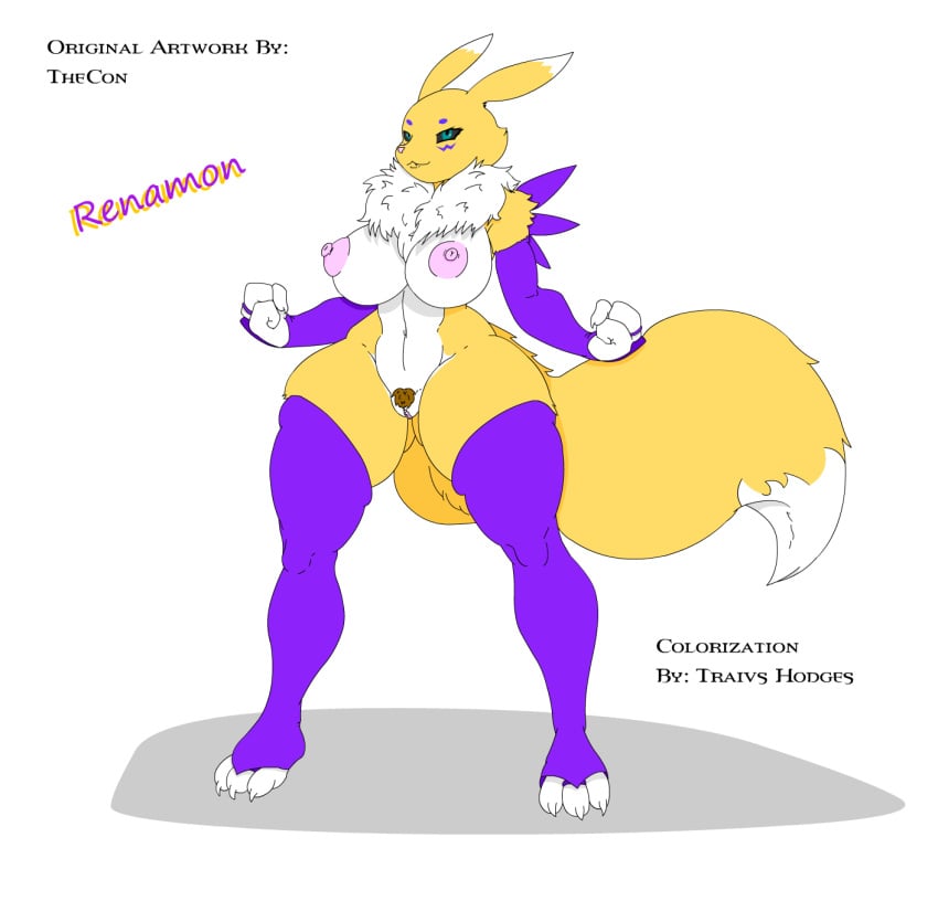 3_fingers 3_toes anthro big_breasts black_sclera breasts canine claws closed_mouth color cute_fang digimon female female_only fox front_view fur furry furry_breasts furry_ears furry_tail kyubit nipples nude open_eyes pink_nipples pink_nose pointy_ears pubic_hair pussy renamon solo species_name standing tail teal_eyes thecon thigh_highs vulva white_background white_fur yellow_fur