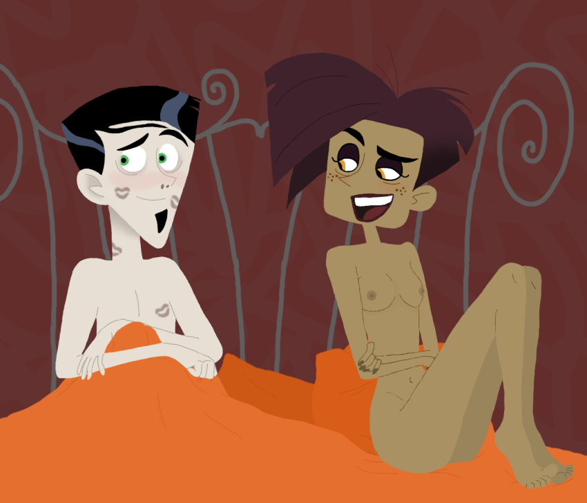 1boy 1girls bed bed_sheet before_sex black_hair breasts dark-skinned_female donita_donata female golden_eyes green_eyes interracial light-skinned_male lipstick lipstick_mark lipstick_marks male nude nude_male straight tagme wild_kratts zach_varmitech