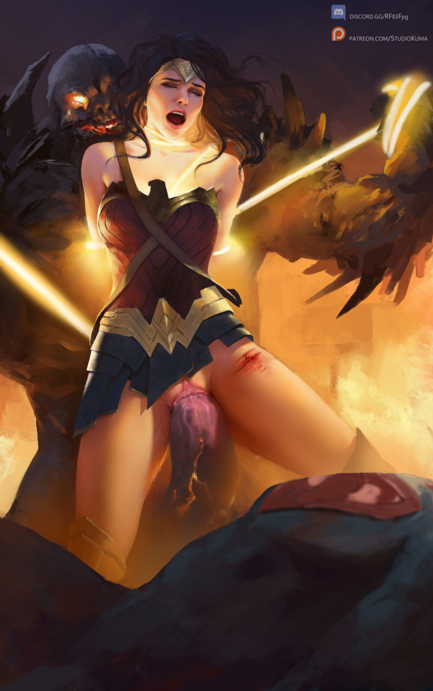 1boy 1boy1girl 1girls 2d bondage bound_arms censored clothed_sex dc_comics highres lasso_of_truth monster monster_cock rape realistic screaming studio_kuma superman superman_(series) vaginal_sex wonder_woman wonder_woman_(series)