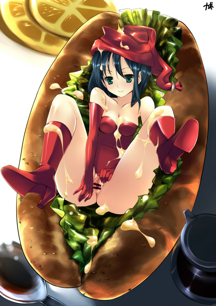 black_hair blue_hair boots breasts censored cleavage cofepig food girl_in_food green_eyes hat high_heels highres in_food messy minigirl no_panties original pussy shoes spread_legs spread_pussy