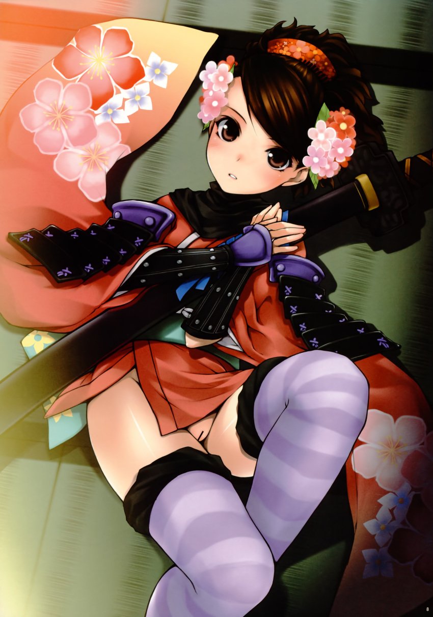 armor blush bottomless brown_eyes brown_hair censored comb floral_print flower gauntlets hair_comb hair_flower hair_ornament highres japanese_clothes katana kimono lying momohime muramasa_the_demon_blade no_panties ooji ponytail purple_legwear pussy short_kimono striped striped_legwear striped_thighhighs sword thighhighs tied_hair weapon