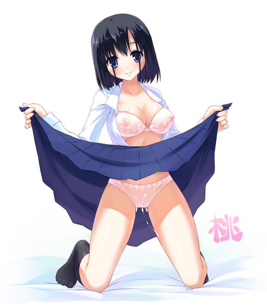 black_socks blue_eyes bra breasts cleavage cum cum_string dress footwear highres knee_socks kneehighs kneeling kneesocks large_breasts lingerie open_clothes open_shirt panties saki see-through see-through_bra see-through_panties senji_(artist) senji_(tegone_spike) shirt short_hair skirt skirt_lift socks touyoko_momoko underwear