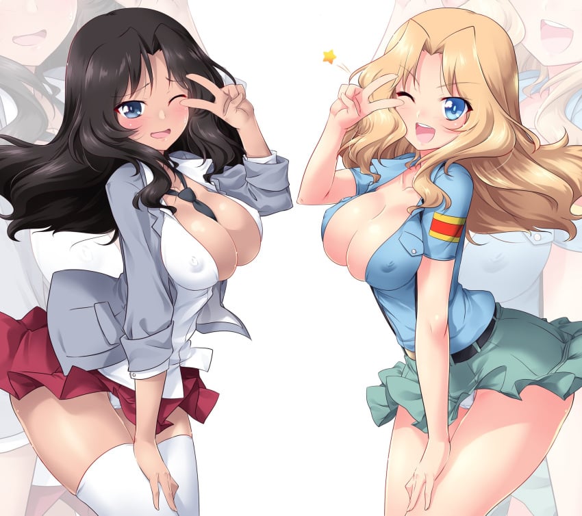 2girls aoshidan_school_uniform belt black_hair blonde_hair blue_eyes blush breasts cleavage dark-skinned_female dark_skin el_(girls_und_panzer) erect_nipples erect_nipples_under_clothes girls_und_panzer huge_breasts kay_(girls_und_panzer) kuzuryuu_kennosuke lace-trimmed_panties large_breasts long_hair looking_at_viewer miniskirt multiple_girls necktie_between_breasts no_bra one_eye_closed saunders_school_uniform standing_on_one_leg tagme thighs yuri