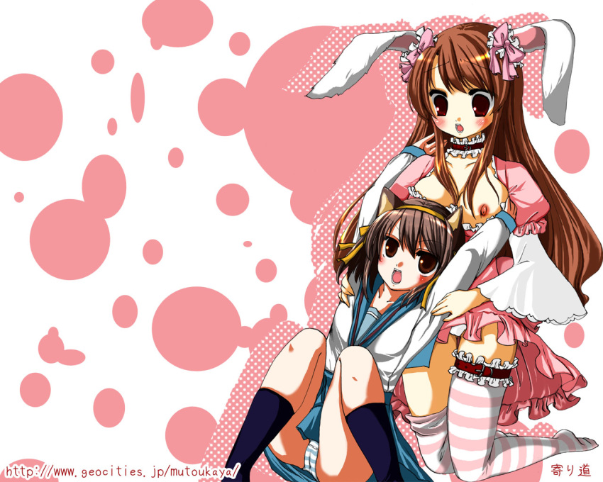 2girls 5:4 animal_ears asahina_mikuru black_legwear black_socks blue_panties blush breasts brown_hair bunny_ear choker dress dress_pull female female_only footwear frilled_dress frilled_legwear frilled_socks frills frilly_dress garters hair_ribbon hairband knee_socks kneehighs kneeling kneesocks long_hair miniskirt multiple_girls nipples panchira panchira_(sitting) panties pantyshot pantyshot_(sitting) pantyshot_sitting pink_dress pink_legwear pink_socks pink_thighhighs ribbon school_uniform seifuku serafuku short_hair sitting skirt socks striped striped_legwear striped_panties striped_socks striped_thighhighs suzumiya_haruhi suzumiya_haruhi_no_yuuutsu thigh_gap thigh_socks thighhighs thighs underwear wallpaper white_panties white_socks yun_(artist)