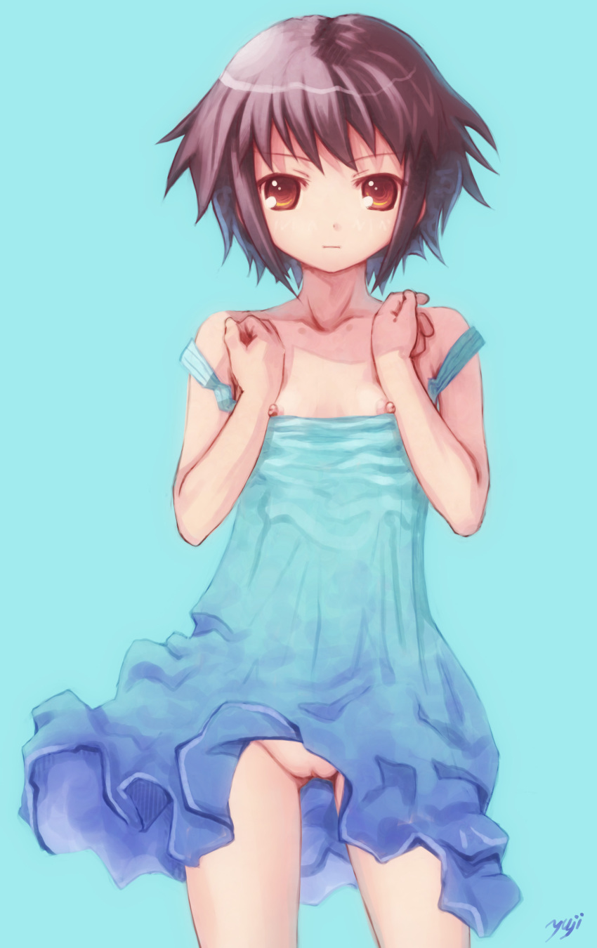 dress female flat_chest high_resolution kobayashi_yuji kobayashi_yuuji nagato_yuki nipple_slip nipples no_bra no_panties orange_eyes purple_hair pussy short_hair solo standing strap_slip suzumiya_haruhi_no_yuuutsu uncensored yuji