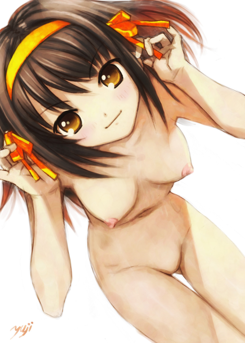 bent_over breasts brown_hair female female_only highres human kobayashi_yuji kobayashi_yuuji nipples no_pussy novagina nude ribbon ribbons short_hair smile solo suzumiya_haruhi suzumiya_haruhi_no_yuuutsu thigh_gap thighs yellow_eyes yuji