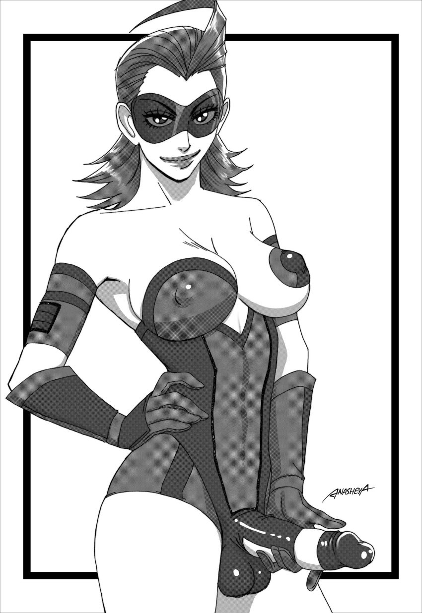 1futa anasheya dickgirl domino_mask futa_only futanari hand_on_hips holding_penis intersex leotard looking_at_viewer mask masked masked_futa monochrome smile solo solo_futa superhero the_phantom_futa