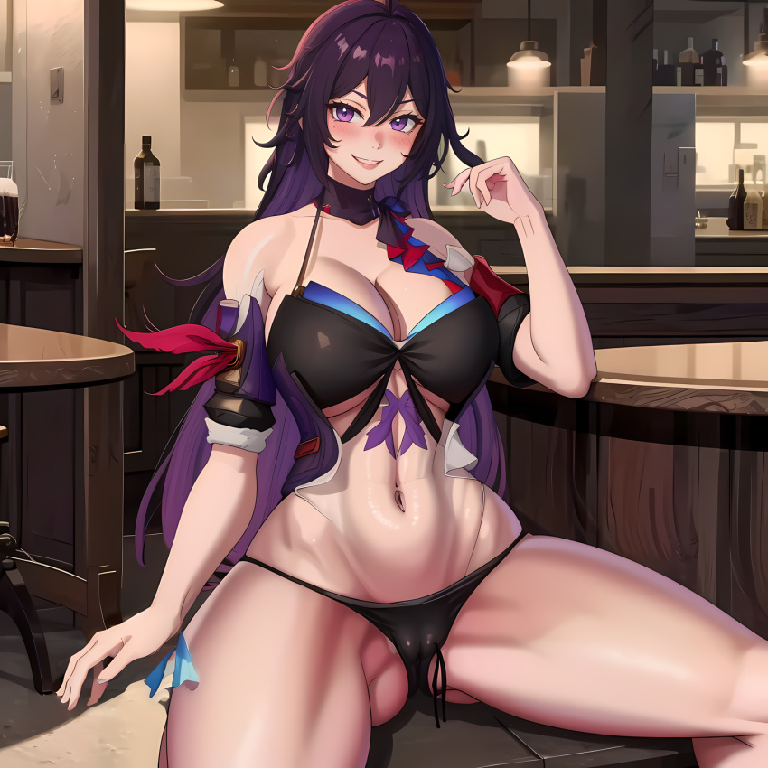 ai_generated aka6_(style) bar bar_background beauty_mark belly_button big_breasts black_thong bluecatrip blush bottle covered_navel fit fit_female holding_hair honkai:_star_rail honkai_(series) hoyoverse light long_hair looking_at_viewer mihoyo mole navel pub purple_eyes purple_hair seele_(honkai:_star_rail) sitting sitting_on_chair smile spread_legs stable_diffusion table thick_thighs thong untied untied_hair