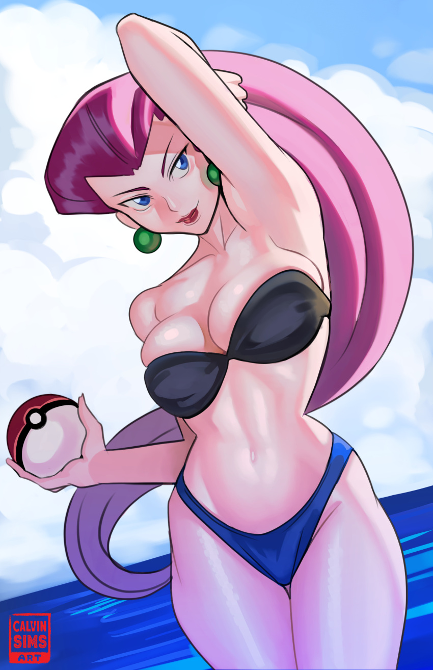 1girls big_breasts bikini bikini_bottom bikini_top black_bikini_top blue_bikini_bottom blue_eyes bottomwear breasts calvin_sims_art cleavage ear_piercing earrings female female_only fully_clothed hair hips jessie_(pokemon) lips lipstick long_hair mature mature_female pink_hair pokeball pokemon pokemon_(anime) red_lips red_lipstick solo solo_female swimsuit swimwear thighs topwear