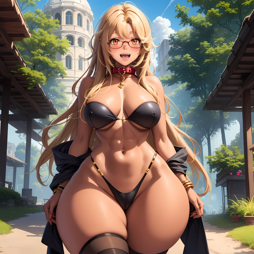 abs ai_generated big_breasts bikini black_bikini black_glasses black_thighhighs black_thong blonde_hair bluecatrip bracelet city_background collar detached_sleeves dog_collar fit fit_female glasses long_hair looking_at_viewer open_mouth orange_eyes red_collar teeth teeth_showing thick_thighs thighhighs thong untied_hair